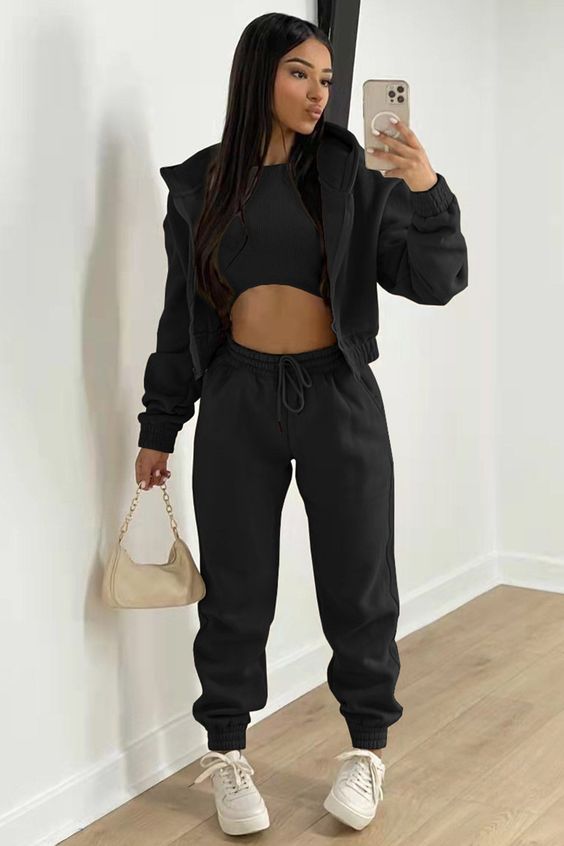 Black Crop Top with Matching Sweatpants and White Sneakers